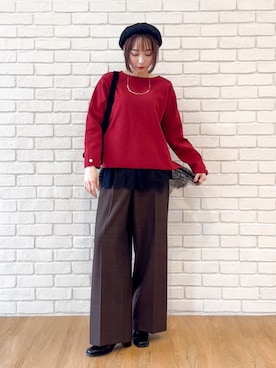 「SHOO・LA・RUE（シューラルー）の【洗濯機可/S-LL】抜け感ある着こなしに 金ボタン付き スポンディッシュ クルーネックニット（ニット/セーター、レッド系）」を使った、chikaさん（レディース・160cm）の秋コーディネート