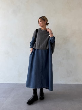 「BEARDSLEY（ビアズリー）のファーニットポンチョ（ニット/セーター、グレー系）」を使った、naturoさん（レディース・158cm）の夏コーディネート
