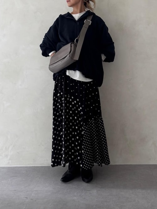 定価1.98万 ビアズリー ドットパッチワークロングスカート 黒　手洗い可能 BEARDSLEY（ビアズリー） スカート ドットパッチワークスカート