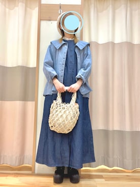 「デニムワンピース」｜「アイテム（ハンチング/ベレー帽）」を使った、とっちーさん（レディース・152cm）の春コーディネート