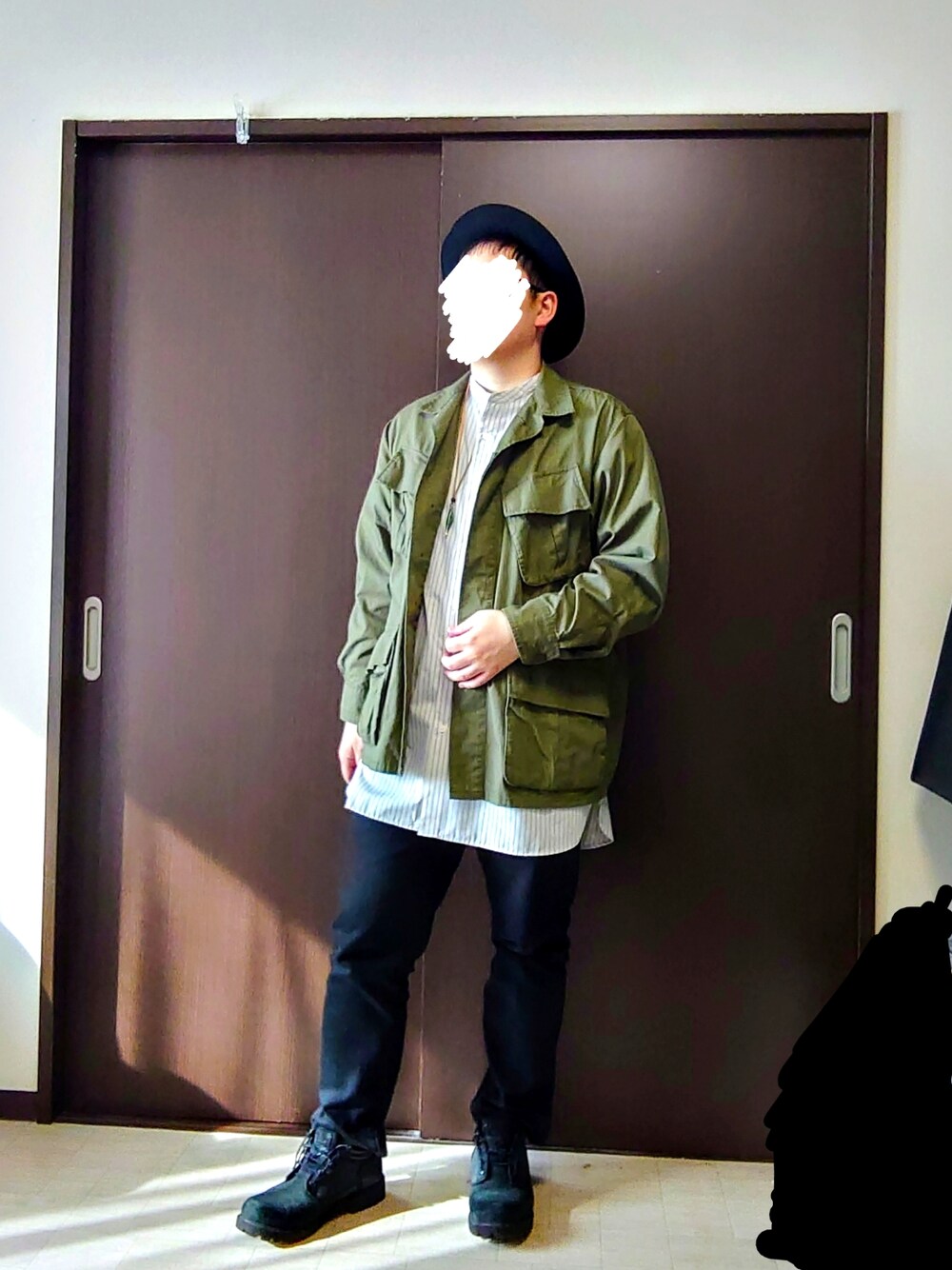 「春服デビュー宣言、春服、春アウター、オーバーサイズ、キレイめ、シャツ、カーキ、お洒落さんとつながりたい、GU」｜「BACK NUMBERの【BACK NUMBER】ジャングルファティーグジャケット（ミリタリージャケット、グリーン系）」を使った、シンさん（メンズ・174cm）の春コーディネートの1枚目の写真