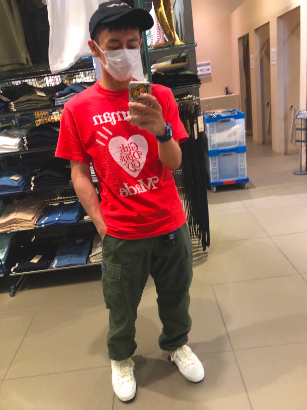 「夏コーデ、カジュアルコーデ、おしゃれさんと繋がりたい、Tシャツ、夏だ！Tシャツ着よう！、カーゴパンツ、ストリートコーデ、HUMAN MADE、CONVERSE ADDICT、ワイドパンツ」｜「HUMAN MADEのアイテム（キャップ、ブラック系）」を使った、とんかつさん（メンズ・164cm）の夏コーディネートの1枚目の写真
