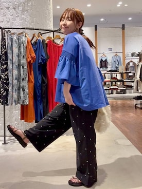 「LEPSIM（レプシィム）の異素材フリルBIGT　242843（Tシャツ/カットソー、ブルー系）」を使った、minkey0309さん（レディース・154cm）の夏コーディネート