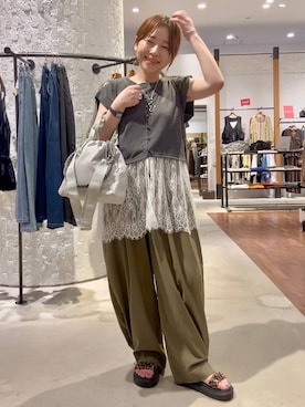 「LEPSIM（レプシィム）の変形テレコレースドッキングノースリーブ　1057217（Tシャツ/カットソー、グレー系）」を使った、minkey0309さん（レディース・154cm）の夏コーディネート