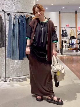 「LEPSIM（レプシィム）の《レプクル》配色プルオーバーSS　1046937（Tシャツ/カットソー、ブラック系）」を使った、minkey0309さん（レディース・154cm）の夏コーディネート