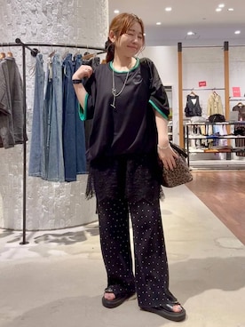 「LEPSIM（レプシィム）のプリーツイージー柄パンツ　1017585（その他パンツ、その他）」を使った、minkey0309さん（レディース・154cm）の夏コーディネート