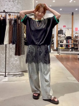 「LEPSIM（レプシィム）の《レプクル》配色プルオーバーSS　1046937（Tシャツ/カットソー、ブラック系）」を使った、minkey0309さん（レディース・154cm）の夏コーディネート