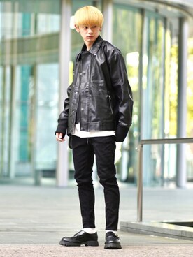「大学生」｜「アイテム（ライダースジャケット）」を使った、やーこん🦊︎︎︎︎︎︎︎︎︎︎︎︎☑︎さん（メンズ・172cm）の秋コーディネート