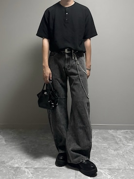 「KOYA.（コヤ）のミニマル2WAYハンドバッグ / ショルダーバッグ（Shoulderbag、ブラック系）」を使った、やーこん🦊︎︎︎︎︎︎︎︎︎︎︎︎☑︎さん（メンズ・172cm）の夏コーディネート