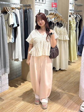 「LOWRYS FARM（ローリーズファーム）の【接触冷感・UVカット】カットイージードロストパンツ 1044353（スウェットパンツ、ピンク系）」を使った、nanoさん（レディース・152cm）の夏コーディネート