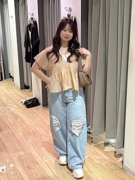 「LOWRYS FARM（ローリーズファーム）のレースデニム　601055（デニムパンツ、ブルー系）」を使った、nanoさん（レディース・152cm）の春コーディネート