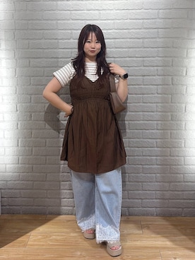 「LOWRYS FARM（ローリーズファーム）のクリンクルワッシャーミニワンピース  1032198（ワンピース、ブラウン系）」を使った、nanoさん（レディース・152cm）の夏コーディネート