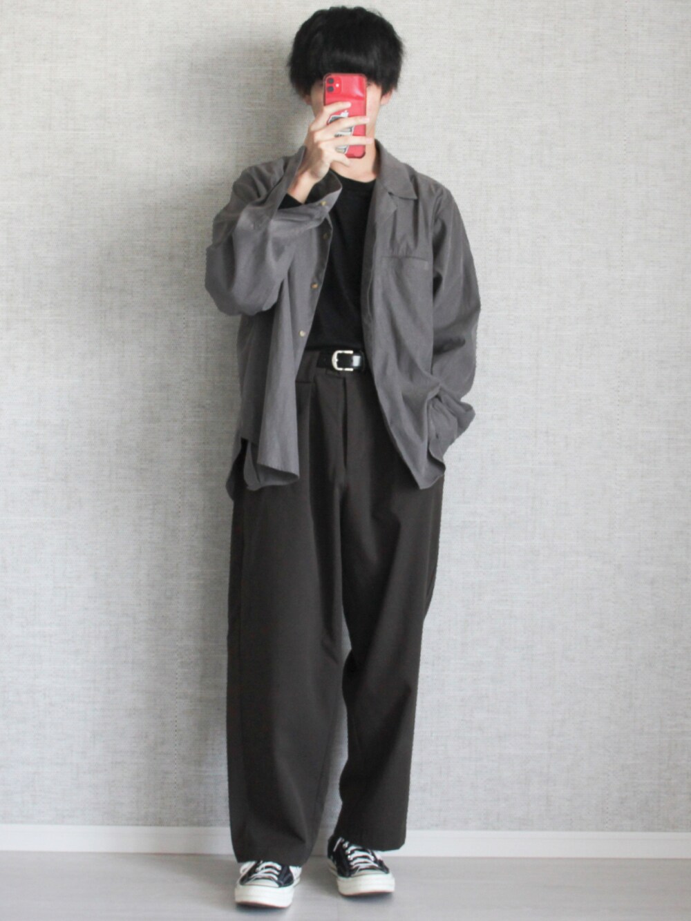 「CASPER JOHNのVarious Dolman Open-Collar Shirts/バリアスドルマンオープンカラーシャツ（シャツ/ブラウス、グレー系）」を使った、Laitoさん（メンズ・169cm）の秋コーディネートの1枚目の写真