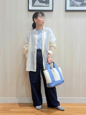 「SHOO・LA・RUE（シューラルー）の【S-LL】大人のシアー感 風合い楽しむバンドカラーシャツ（シャツ/ブラウス、イエロー系）」を使った、さおさん（レディース・154cm）の春コーディネート