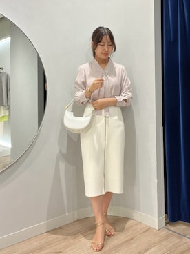 「NOLLEY’S Sophi（ノーリーズソフィ）のバックサテンジョーゼットボウタイブラウス（シャツ/ブラウス、ピンク系）」を使った、めいめい🐑さん（レディース・158cm）の夏コーディネート