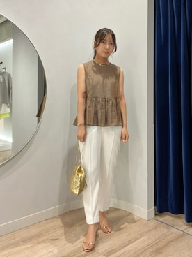 「NOLLEY’S Sophi（ノーリーズソフィ）のラメシアーペプラムブラウス（シャツ/ブラウス、グリーン系）」を使った、めいめい🐑さん（レディース・158cm）の夏コーディネート