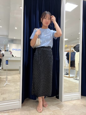 「NOLLEY’S Sophi（ノーリーズソフィ）の《セットアップ対応》箔ドットベロアタイトスカート（スカート、ブラック系）」を使った、めいめい🐑さん（レディース・158cm）の夏コーディネート