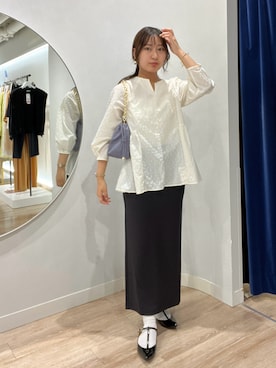 「NOLLEY’S Sophi（ノーリーズソフィ）のドットジャガードタフタペプラムブラウス（シャツ/ブラウス、ホワイト系）」を使った、めいめい🐑さん（レディース・158cm）の夏コーディネート
