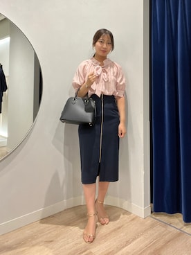 「NOLLEY’S Sophi（ノーリーズソフィ）のシアーカールマイヤーボウタイブラウス（シャツ/ブラウス、ブルー系）」を使った、めいめい🐑さん（レディース・158cm）の夏コーディネート