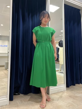 「NOLLEY’S（ノーリーズ）のウォッシャブルポンチフレアワンピース（ワンピース、グリーン系）」を使った、めいめい🐑さん（レディース・158cm）の夏コーディネート