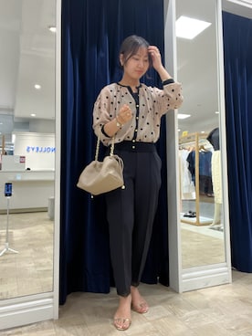 「NOLLEY’S（ノーリーズ）の《手洗い可能》シアーフロッキードット柄クルーネックカーディガン（カーディガン/ボレロ、イエロー系）」を使った、めいめい🐑さん（レディース・158cm）の夏コーディネート