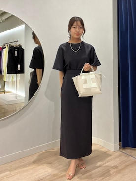 「NOLLEY’S Sophi（ノーリーズソフィ）の《セットアップ対応》ライトダンボールラグランプルオーバーカットソー（Tシャツ/カットソー、ブラック系）」を使った、めいめい🐑さん（レディース・158cm）の夏コーディネート