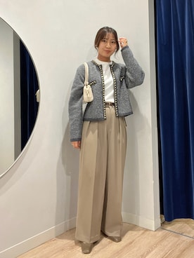 「NOLLEY’S（ノーリーズ）のチェーンブレードフワフワジャケット 24AW（カーディガン/ボレロ、グレー系）」を使った、めいめい🐑さん（レディース・158cm）の秋コーディネート