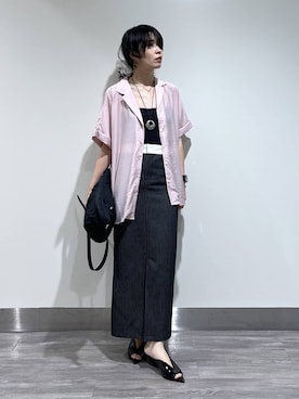 「A part by（アパートバイ）のシアーオープンカラーシャツ（シャツ/ブラウス、ピンク系）」を使った、Aoさん（レディース・161cm）の春コーディネート