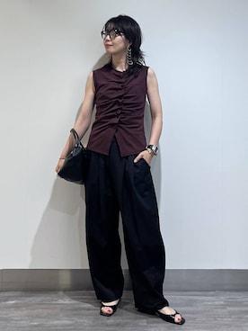 「A part by（アパートバイ）のフロントタックカットノースリーブ（Tシャツ/カットソー、ブラウン系）」を使った、Aoさん（レディース・161cm）の夏コーディネート