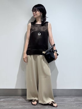 「A part by（アパートバイ）の【Sサイズ展開・洗える】イージーストレートパンツ（スラックス、ベージュ系）」を使った、Aoさん（レディース・161cm）の夏コーディネート