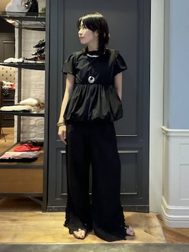 「A part by（アパートバイ）の【インフルエンサーyuiさんコラボ】YUバルーンギャザーブラウス（シャツ/ブラウス、ブラック系）」を使った、Aoさん（レディース・161cm）の夏コーディネート