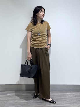 「A part by（アパートバイ）の【A4が入る】ワイドフェイクレザーバッグ（ビジネスバッグ、ブラック系）」を使った、Aoさん（レディース・161cm）の夏コーディネート