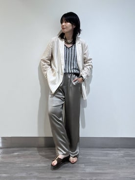 「A part by（アパートバイ）のシアーWジャケット（テーラードジャケット、ベージュ系）」を使った、Aoさん（レディース・161cm）の夏コーディネート