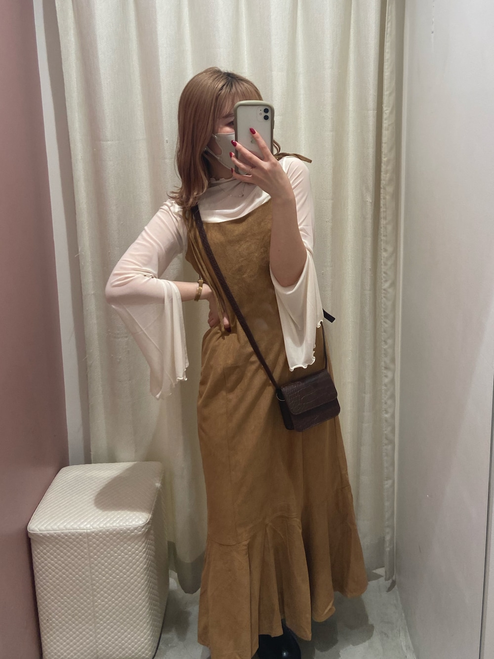 「秋コーデ、オトナカワイイ、秋服、今日のコーデ、おしゃれさんと繋がりたい、低身長、ワントーンコーデ、ブラウンコーデ、淡色コーデ、淡色女子、キャミワンピ、シアートップス、シアーインナー」｜「one after another NICE CLAUPの【2022AWアイテム】マーメイドキャミワンピース（ワンピース、イエロー系）」を使った、satsukiさん（レディース・153cm）の夏コーディネートの1枚目の写真