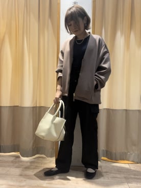 「ボーダートップス」｜「アイテム（ノーカラージャケット）」を使った、ameさん（レディース・160cm）の秋コーディネート