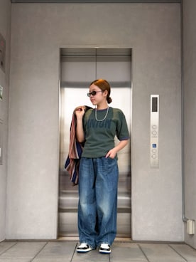 「UNION（UNION TOKYO）（ユニオン）のUNION TOKYO BIG LOGO RINGER TEE ユニオントーキョー Tシャツ（Tシャツ/カットソー、グリーン系）」を使った、 UNION TOKYO さん（メンズ・183cm）の夏コーディネート