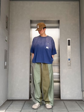 「UNION（UNION TOKYO）（ユニオン）のUNION TOKYO  UNION NOMBRE CAP  ユニオントーキョー（キャップ、ブラウン系）」を使った、 UNION TOKYO さん（メンズ・183cm）の夏コーディネート