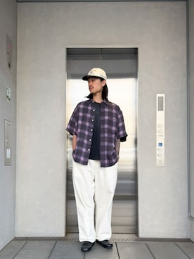 「UNION（UNION TOKYO）（ユニオン）のUNION TOKYO DEANE SS SHIRT ユニオントーキョー シャツ（シャツ/ブラウス、パープル系）」を使った、 UNION TOKYO さん（メンズ・183cm）の夏コーディネート
