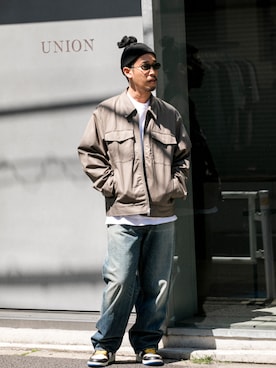 「UNION（UNION TOKYO）（ユニオン）のUNION TOKYO MASCOT JACKET ユニオントーキョー ジャケット（ブルゾン、グリーン系）」を使った、 UNION TOKYO さん（メンズ・175cm）の春コーディネート