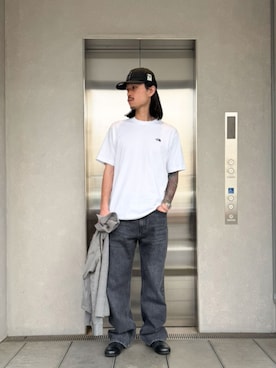 「THE NORTH FACE（ザノースフェイス）のTHE NORTH FACE S/S FD Nuptse Cotton Tee ザ ノース フェイス ショートスリーブフラッシュドライヌプシコットンティー（メンズ）（Tシャツ/カットソー、ホワイト系）」を使った、 UNION TOKYO さん（メンズ・183cm）の夏コーディネート