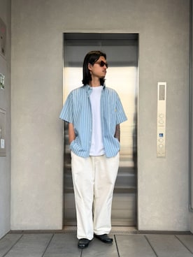 「UNION（UNION TOKYO）（ユニオン）のUNION TOKYO GRAMERCY SS SHIRT ユニオントーキョー ショートスリーブシャツ（シャツ/ブラウス、ブルー系）」を使った、 UNION TOKYO さん（メンズ・183cm）の夏コーディネート