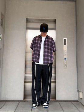 「UNION（UNION TOKYO）（ユニオン）のUNION TOKYO DEANE SS SHIRT ユニオントーキョー シャツ（シャツ/ブラウス、パープル系）」を使った、 UNION TOKYO さん（メンズ・183cm）の夏コーディネート