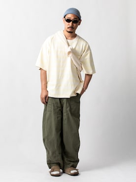 「UNION（UNION TOKYO）（ユニオン）のUNION TOKYO MCDANIEL SS TEE ユニオントーキョー Tシャツ（Tシャツ/カットソー、ベージュ系）」を使った、 UNION TOKYO さん（メンズ・183cm）の夏コーディネート