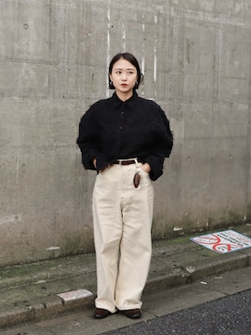 「LA PEAU DE GEM（ラポドゥジェム）のシャギージャガードシャツ / 【 LA PEAU DE GEM 】 shaggy jacquard shirt（シャツ/ブラウス、ブラック系）」を使った、nonokuakiさん（レディース・148cm）の秋コーディネート