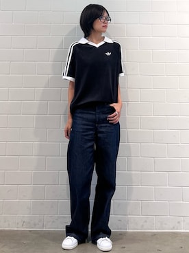 「adidas（アディダス）のテリー ポロシャツ（トップス、ブラック系）」を使った、MNさん（レディース・161cm）の夏コーディネート