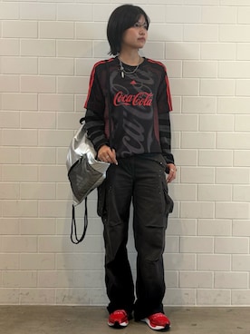 「adidas（アディダス）のコカ・コーラ チームガイスト26ジャージ / アディダスオリジナルス adidas Originals（Tシャツ/カットソー、ブラック系）」を使った、MNさん（レディース・161cm）の夏コーディネート