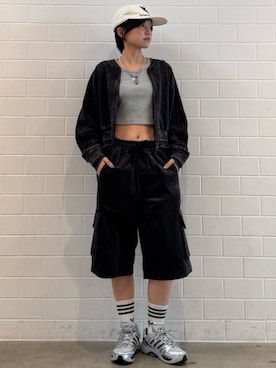 「adidas（アディダス）のエッセンシャルリブTシャツ / ESSENTIALS RIB TEE / アディダスオリジナルス adidas Originals（Tシャツ/カットソー、グレー系）」を使った、MNさん（レディース・161cm）の夏コーディネート