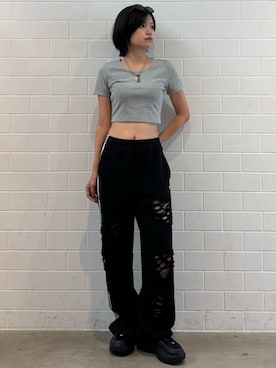 「adidas（アディダス）のエッセンシャルリブTシャツ / ESSENTIALS RIB TEE / アディダスオリジナルス adidas Originals（Tシャツ/カットソー、グレー系）」を使った、MNさん（レディース・161cm）の夏コーディネート