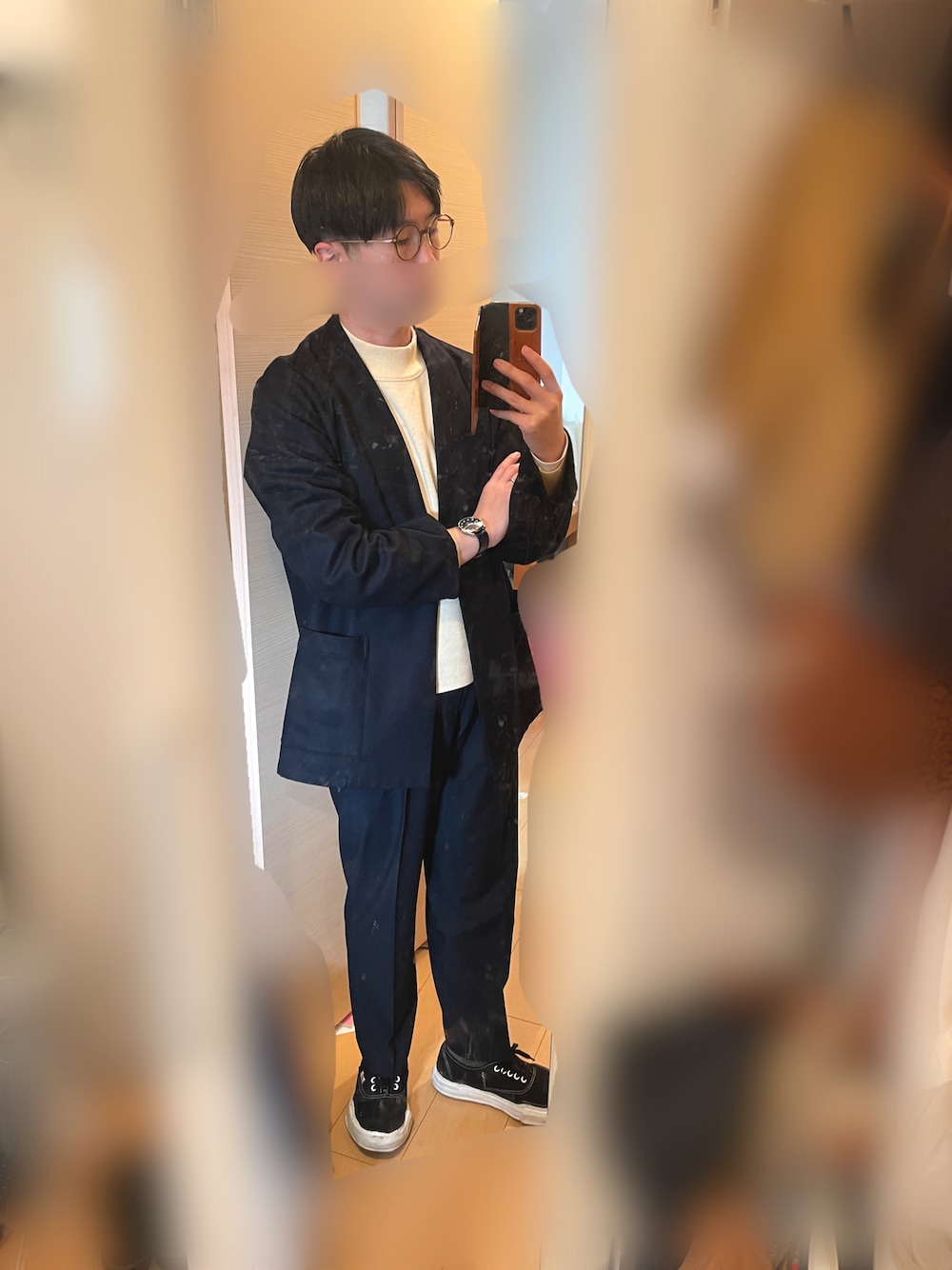 「今日のコーデ、休日コーデ、シンプル、ファッション好きと繋がりたい、ニット、春こーで、おしゃれさんと繋がりたい、いいね・save・フォローありがとうございます🥰」｜「markawareのアイテム（ノーカラージャケット、ブルー系）」を使った、pyosさん（メンズ・171cm）の冬コーディネートの1枚目の写真