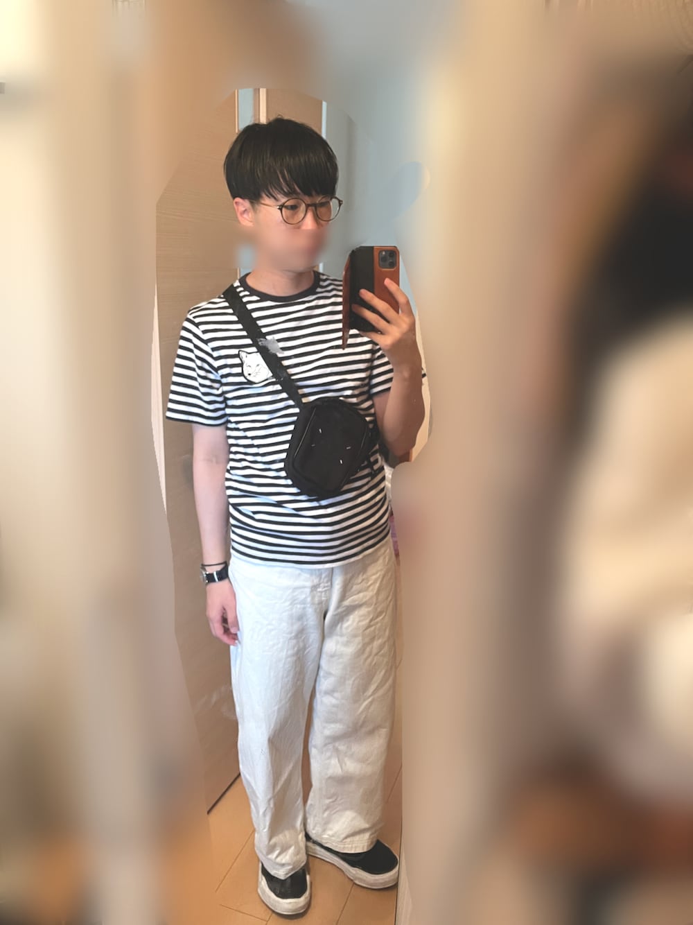「みんなの白Tフェス、夏、メンズファッション、シンプルコーデ、お洒落さんとつながりたい、ワイドパンツ、Tシャツ、ボーダー、このスタイルがお気に入り、夏服、夏コーデ」｜「STUDIO NICHOLSONのアイテム（パンツ、ホワイト系）」を使った、pyosさん（メンズ・171cm）の夏コーディネートの1枚目の写真